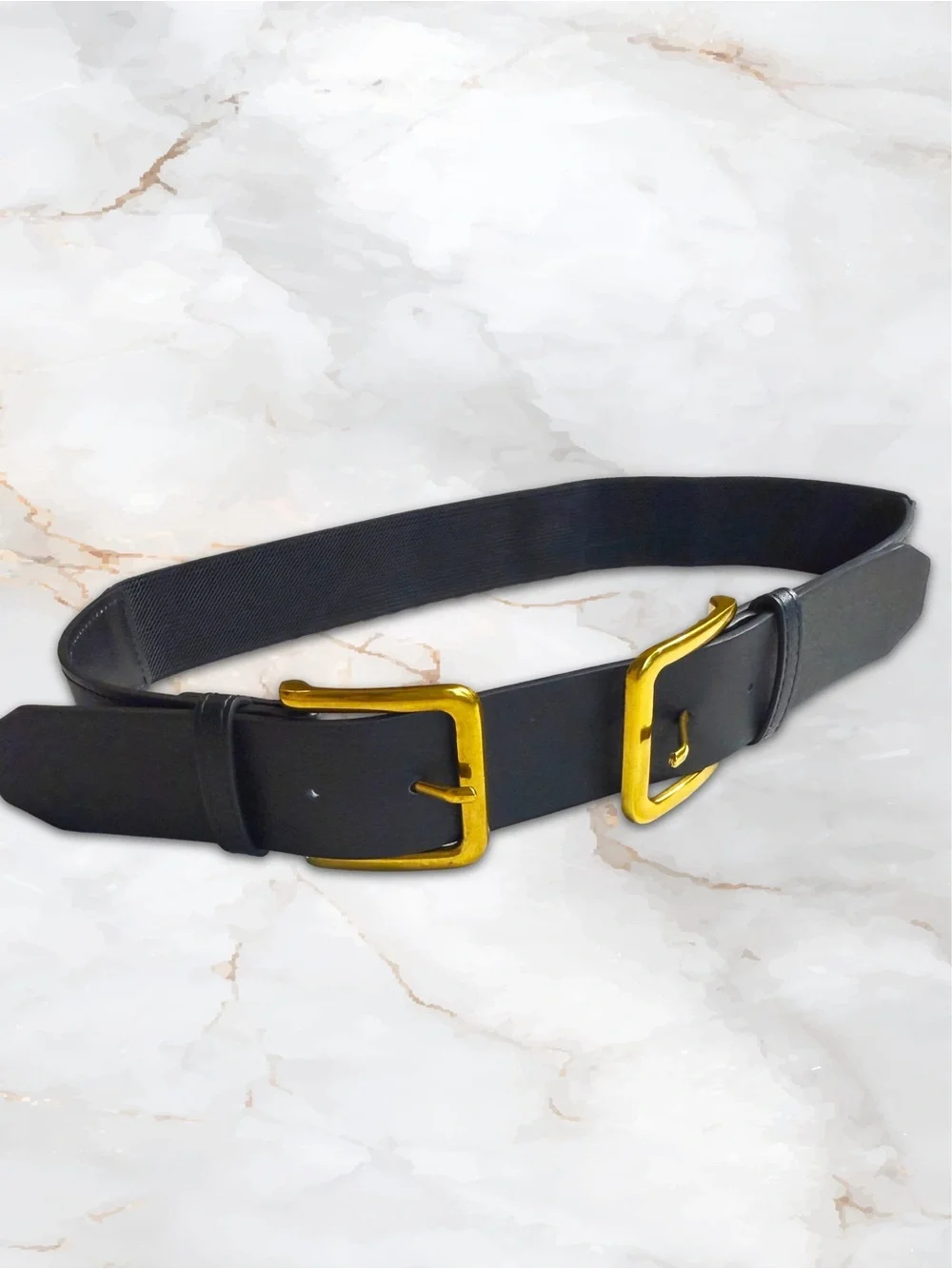 Black Waist Belt for Dressed with Gold Double Buckles in Faux Leather & Elastic